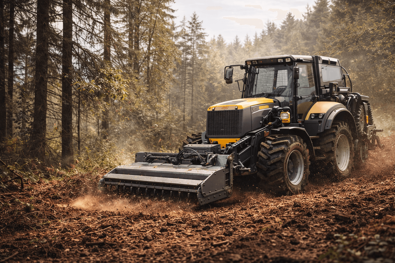 Mulcher clears forest underbrush under sunlight