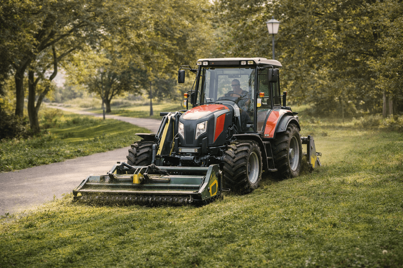 Tractor mowing park grass on a sunny day